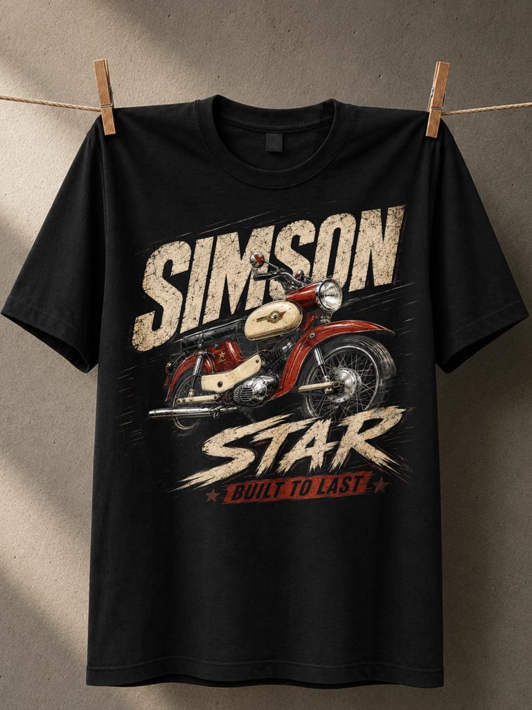 Simson Star with classic red motorcycle Built To Last text worn cream lettering stars and vintage Unisex All T-Shirt