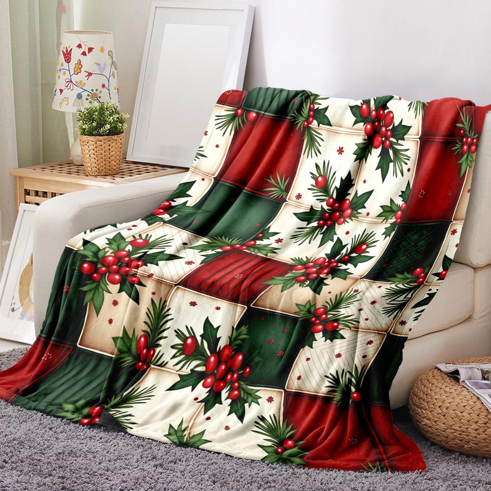 1PC Christmas Holly Berry Print Blanket-Made of soft, fluffy flannel, perfect for a sofa, bed or lounge chair. Ideal for holiday