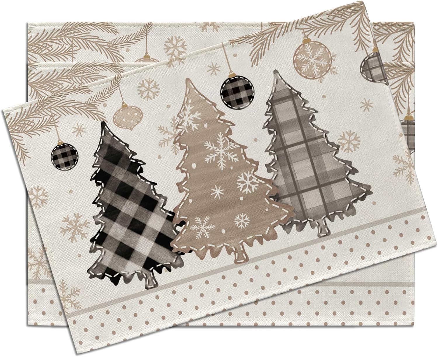 Merry Christmas Tree Placemats Set of 4, Xmas Black White Buffalo Plaid Snowflake Balls Dining Place Mats Table Decor 4Pcs