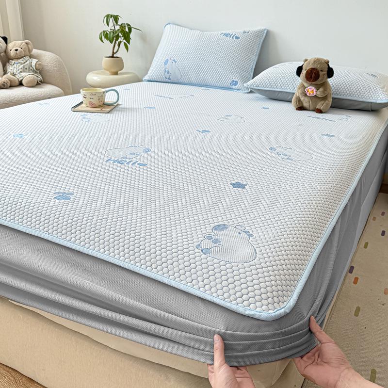 Summer Nude Ice Silk Cooling Mat Set: 3-Piece, Soft, Machine-Washable, A-Class Fitted Sheet