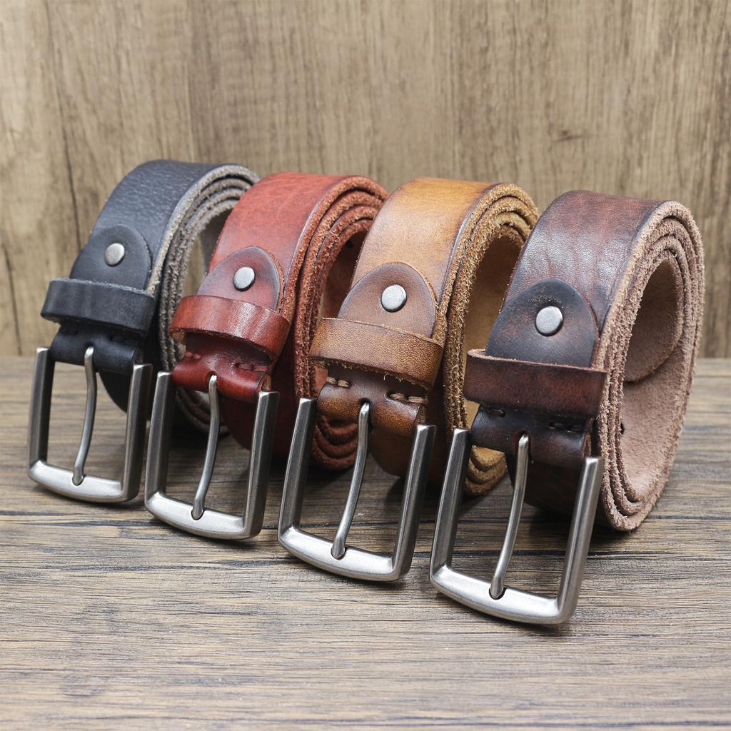 3.8Cm Washed Retro Belt Men'S First Layer Cowhide Locomotive Pin Buckle Casual Jeans Belt Genuine Leather
