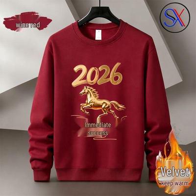 2026 Jahr des Pferdes Herren Roter Hoodie - Herbst/Winter Rundhals, Neujahrs Partner Langarm Plus Samt Kleidung Trend.