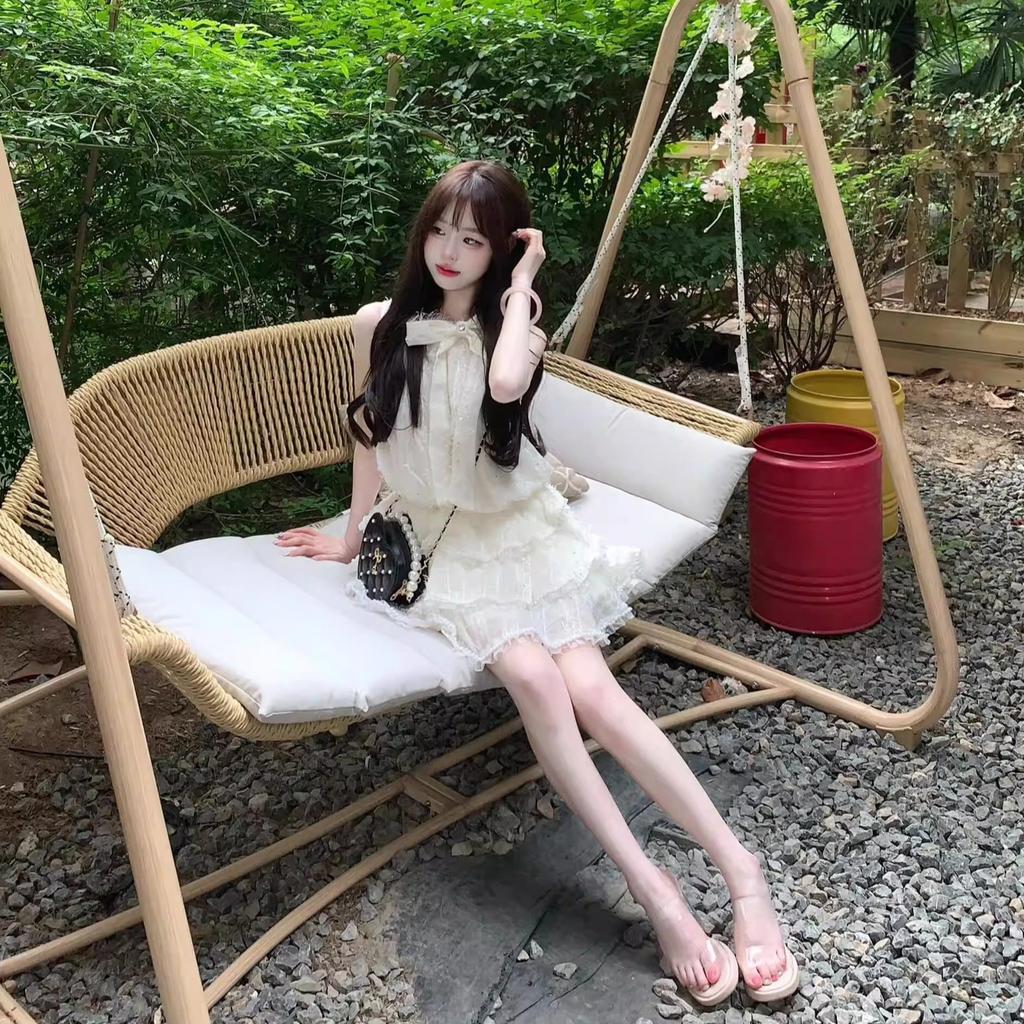 Summer rich family daughter style fine flash cake puffy short skirt light apricot girlish bow sleeveless women's dress