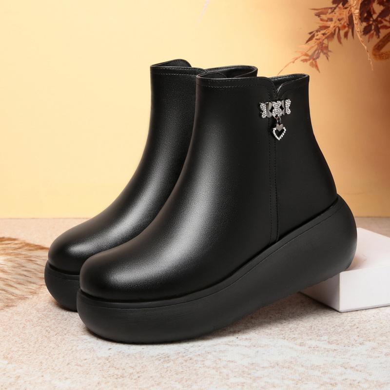 Round Head Short Boots Women's Autumn and Winter Cotton Shoes, New Leather Shoes Platform Women's Shoes Muffin Shoes Side Zipper Velvet Women's Boots