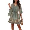 Women's Vintage Printed V-Neck Half Sleeve Corseted Temperament Casual Dress (Belt Included)