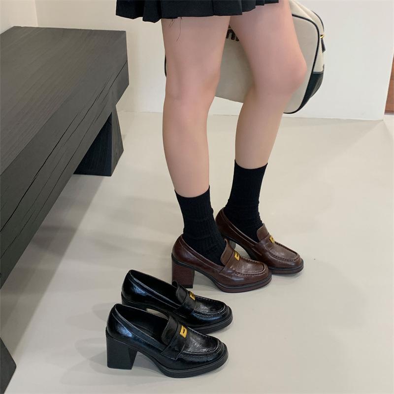 Retro British Style Loafers 2025 New Platform High Heels Small Leather Shoes Lazy One Pedal Thick Heel Single Shoes
