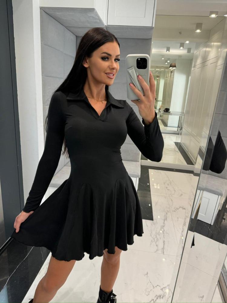 Elegant Autumn Lapel Long Sleeve High Waist Ruffle Hem Slim Pleated Short Comfortable Lightweight Recognition Elegant with Flattering Chic Dress