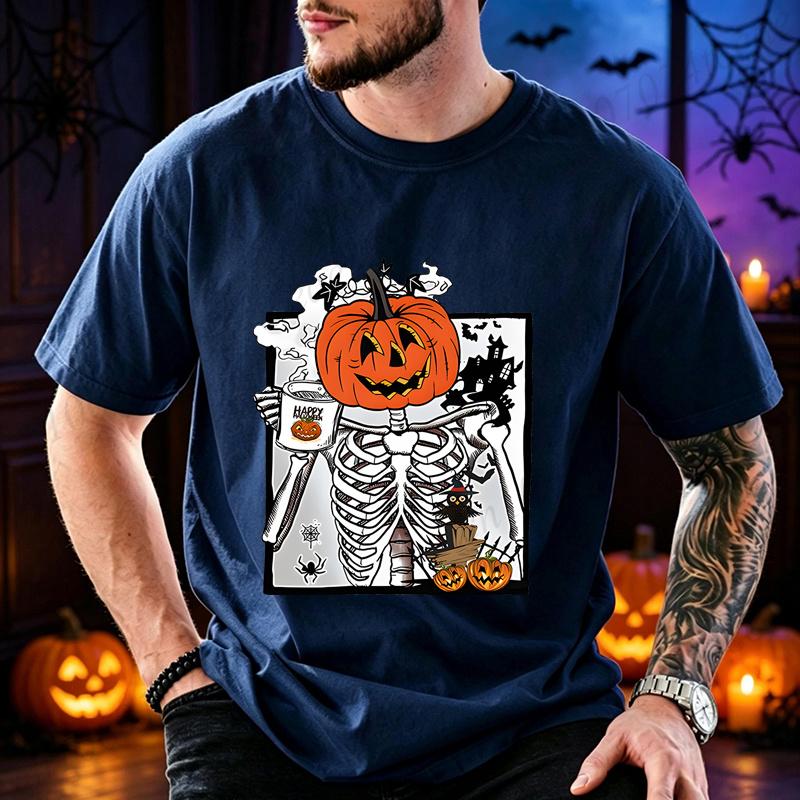 Funny Pumpkin Head Skeleton Drinking Coffee Graphic T Shirt Unisex Halloween Tees Casual Summer Streetwear Family Matching Outfit