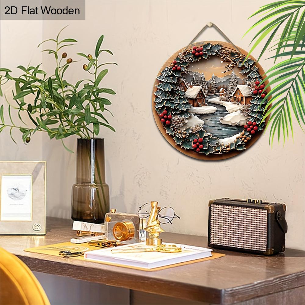 Rustic Christmas Wooden Sign with Snowy House Pattern - Navidad Round Sign for Front Door, Wall Hanging Decor - Ideal Christmas Decor