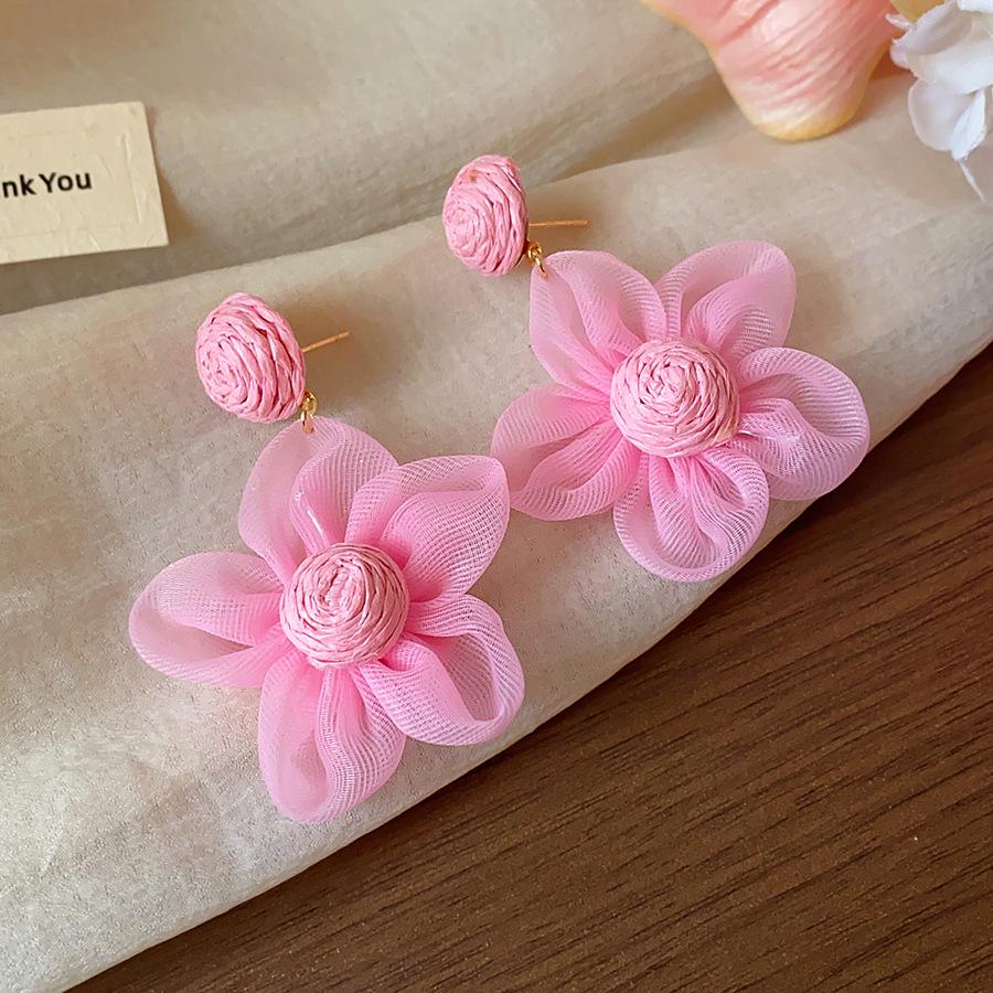 Silver Needle Raffia Chiffon Flower Stud Earrings - Sweet Vacation Style with a High-End Design Feel.