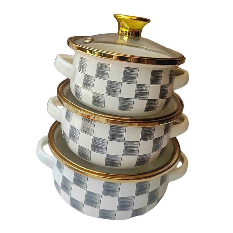 652F Pack of 3 Multifunctional Enamel Pot Suitable All Dishes Healthy User Friendly Materials Simple Maintenance Daily Use