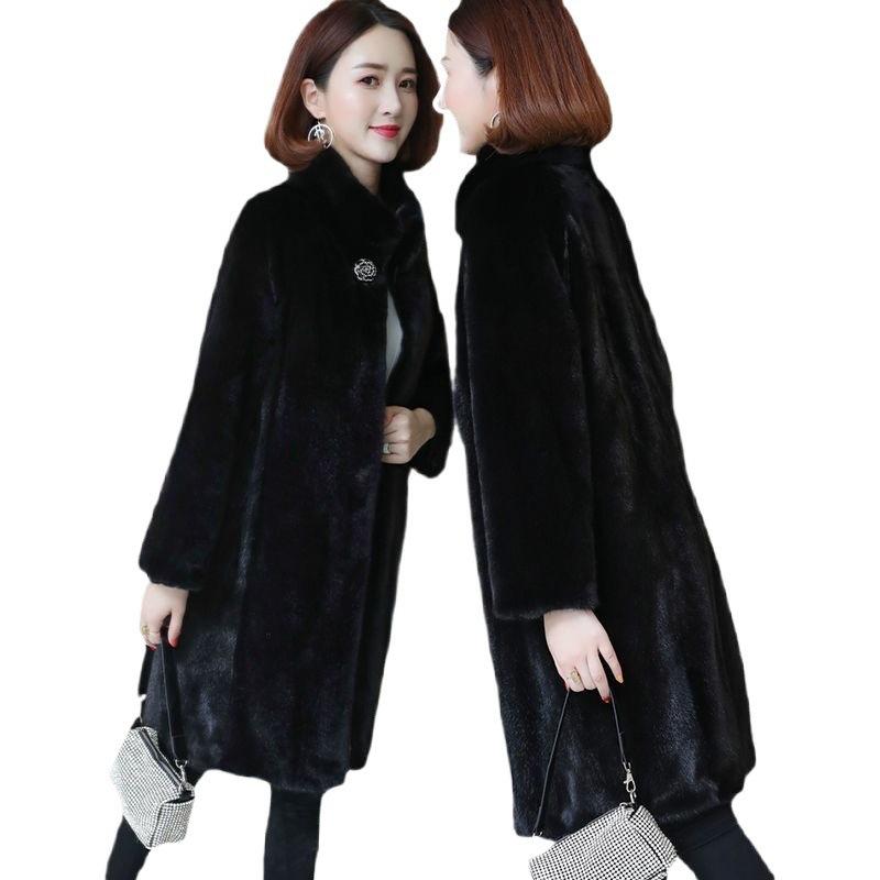 Autumn and winter new imitation mink velvet imitation fur coat women's long stand-up collar imitation mink coat loose and thin