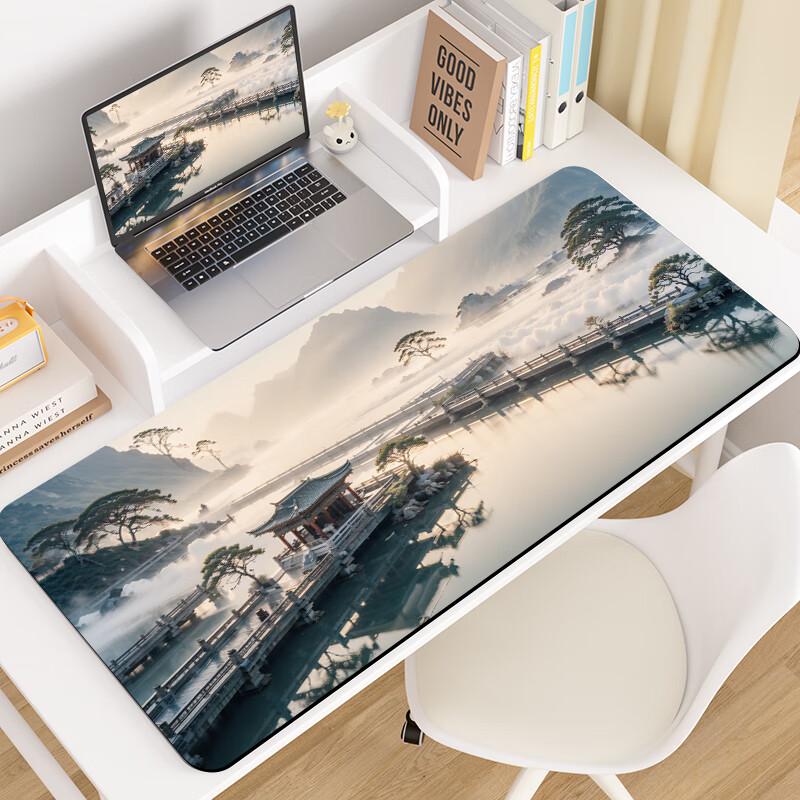 Large Mouse Pad, Office Gaming FPS Smooth Mat, Anime Style Chinese-Style High-Quality Desk Pad , Premium Feel, 800*300*2mm Landscape Courtyard Desig