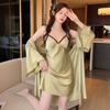 New sexy women's ice silk pajamas summer thin lace suspender nightgown nightgown two-piece set loungewear with chest pad