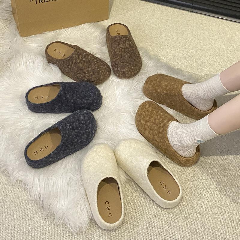 Autumn Winter Women's Sheepskin Mules Slippers Thick Bottom Hair Wrapped Head Lazy Shoes Fashionable Slip-On Boots