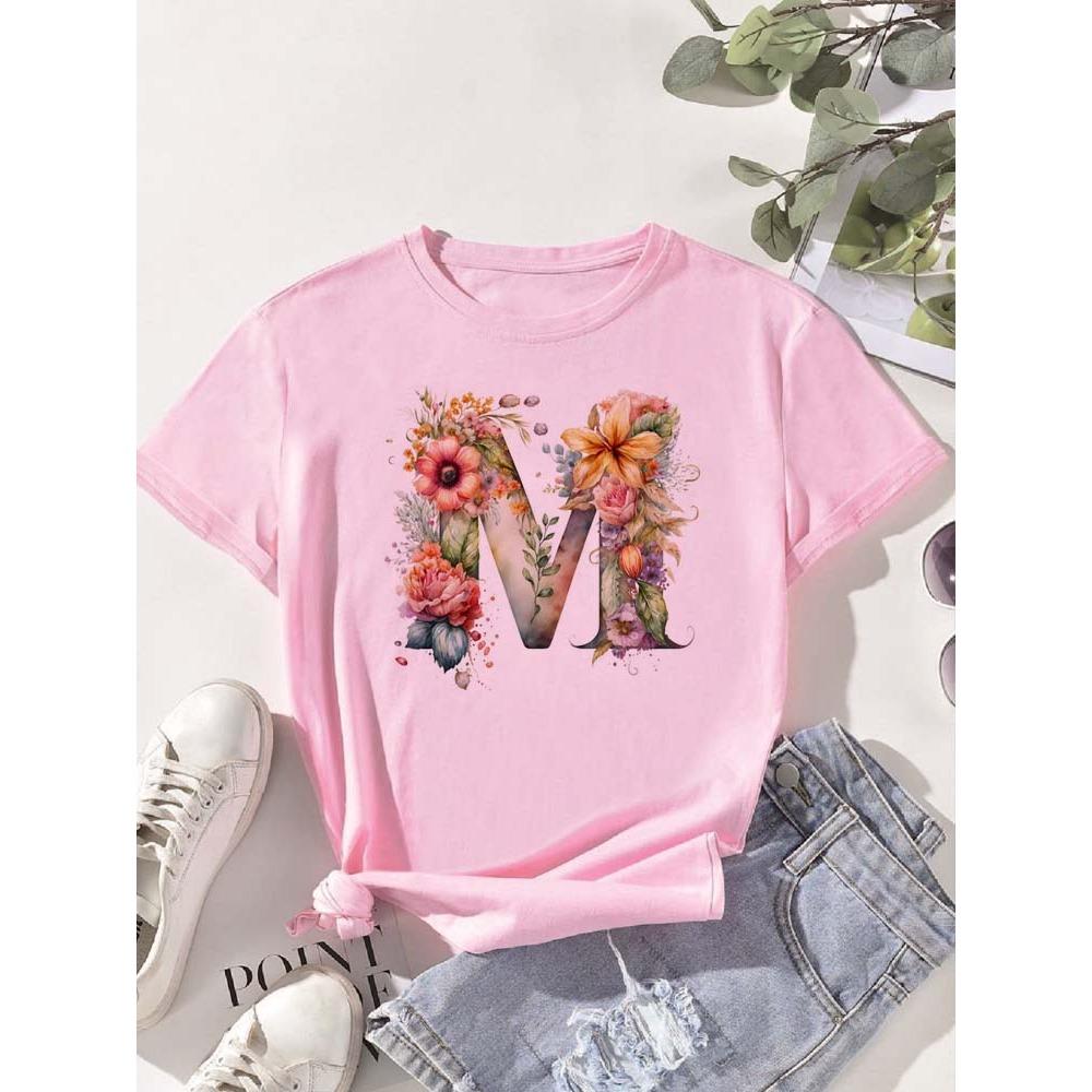 

A B C D E English Alphabet Floral Print Pink T Shirt Women New Summer Female T-Shirt Harajuku Casual Tops Tshirts M