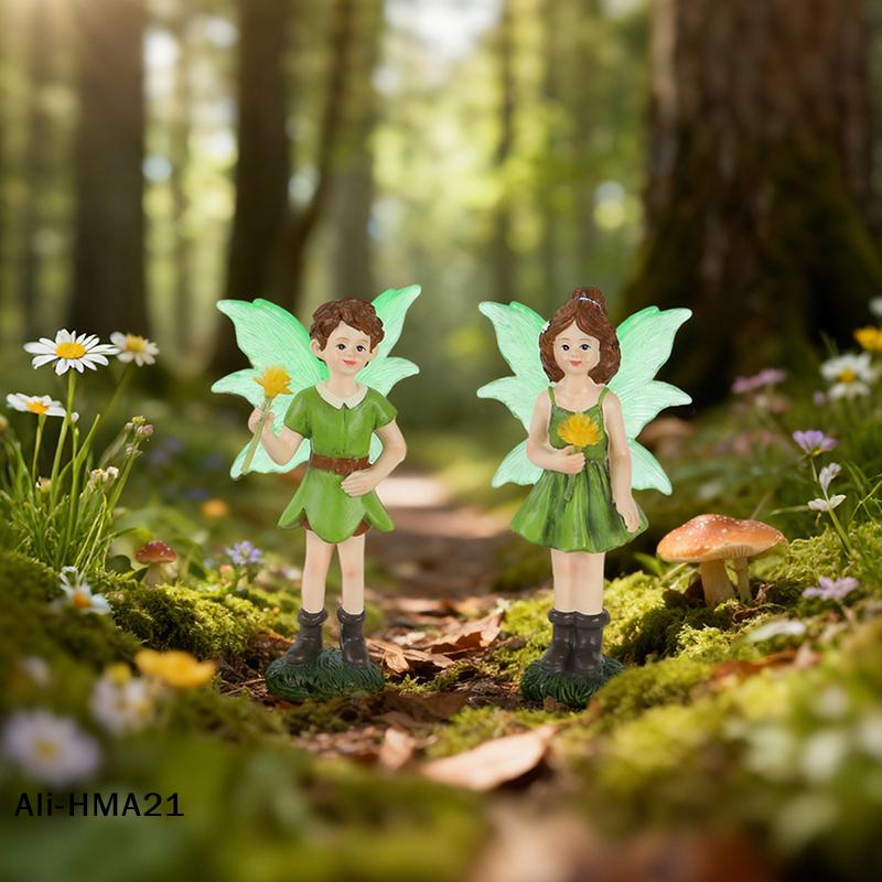 2 Stück Lustige Fee Junge und Mädchen Statue, Feengarten Zubehör, Harz Skulptur für Mikrolandschaft Blumentopf Rasen Hof Garten