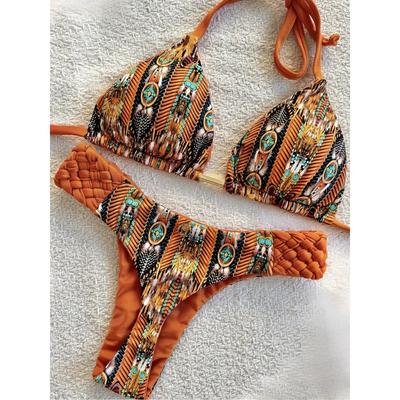 Druck Neckholder Mini String High Cut Bikini Damen Badeanzug Damen Bademode Zweiteiliges Bikini-Set Badegast Badeanzug Schwimmen