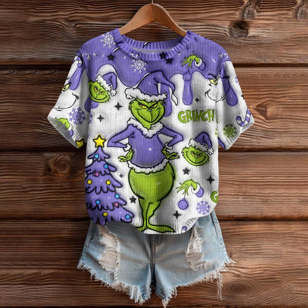 Women's Cute Sweater Knitted Fashion Casual Round-neck Short-sleeved  Cozy Print Top