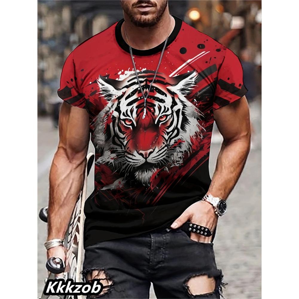 Men's Lion Print Short-sleeve Round Neck T-shirt, Lightweight and Breathable, Trendy and Cool for Casual Outdoor Activities.