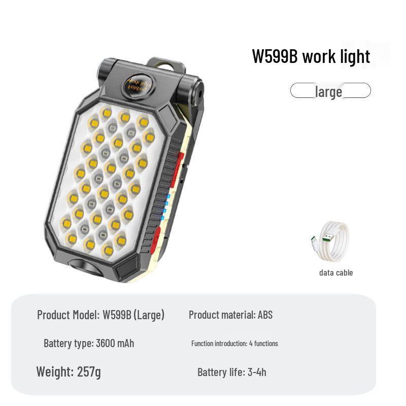 COB LED Handheld Work Light with USB Charging, Magnet Hook, and Emergency Flashlight for Outdoor and Auto Repair.