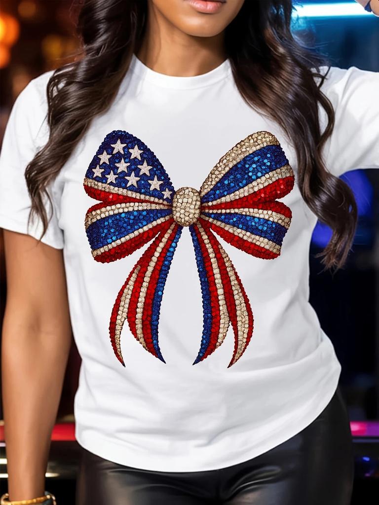 Patriotic Sequin Bow Graphic Tee - USA Flag Coquette Aesthetic T-Shirt