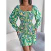Women's Autumn/winter Sexy Square Collar Print Long Sleeve Ruffled Hip Wrap Dress