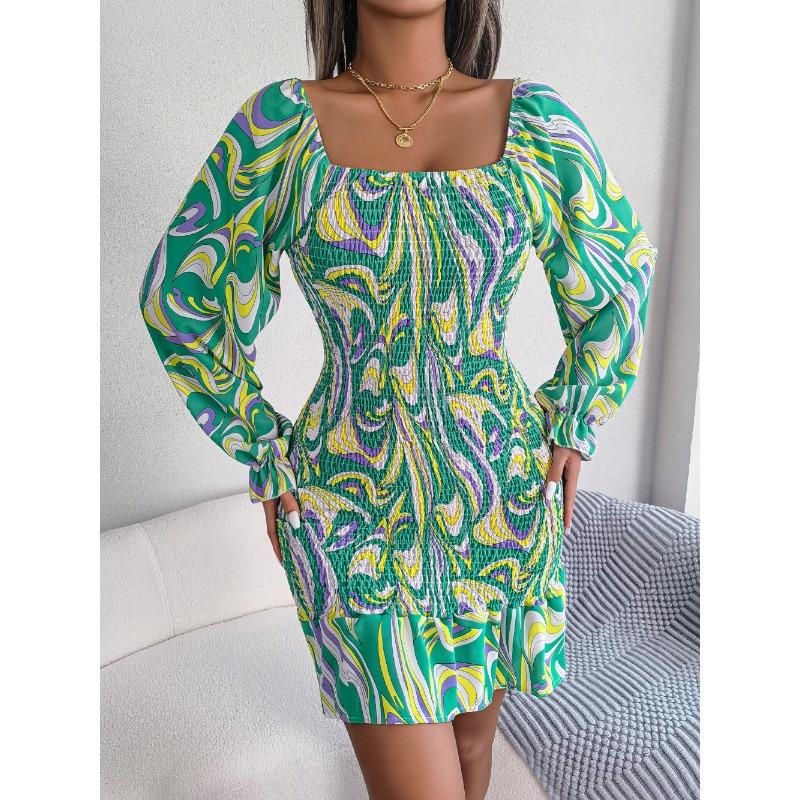 Women's Autumn/winter Sexy Square Collar Print Long Sleeve Ruffled Hip Wrap Dress