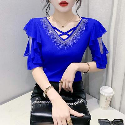 New Summer European Clothes Women's T-Shirt Fashion Sexy V-Neck Shiny Diamonds Tops Chic Hollow Out Short Sleeve All Match Tees