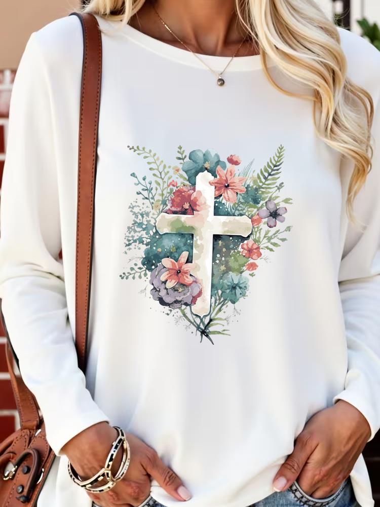 (Asian Size) faith trend flower autumn winter spring Casual Fashion Print T Shirt Tee Women Clothing Top o-neck Graphic Long Sleeve T-shirts