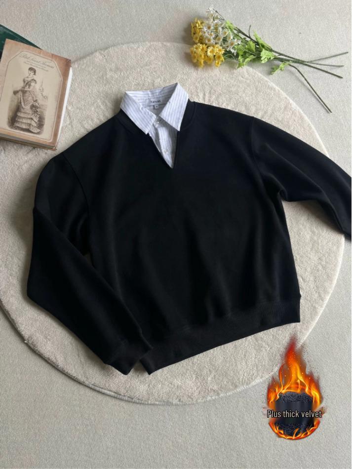 Men s Luxe Layered Polo Shirt with Velvet Hoodie - American Heavyweight College Style 3XL чёрный