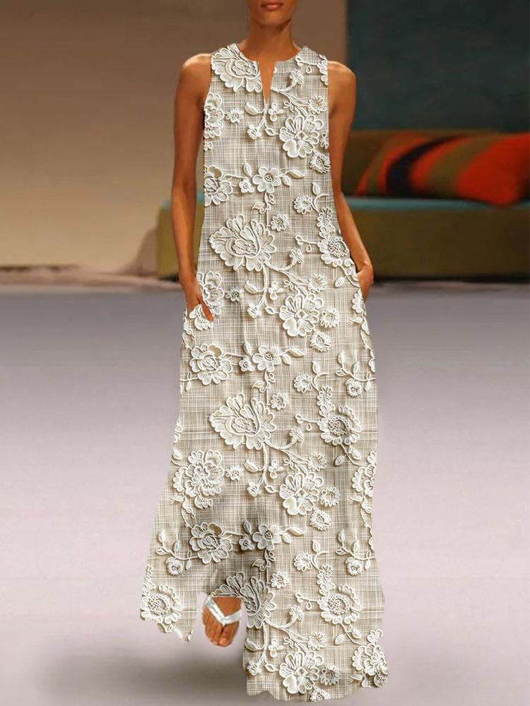 New summer women's D printed sleeveless V-neck dress