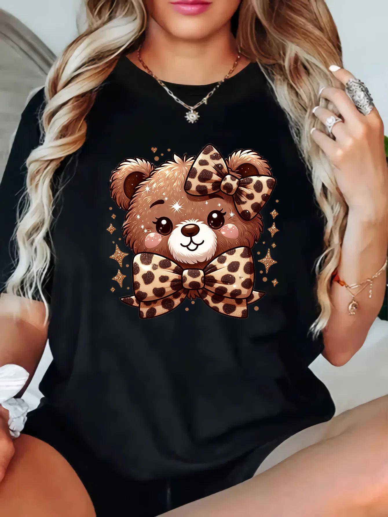 

Plus Size Womens Black Short Sleeve T shirt Cute Bear with Leopard Bows PrintSweet Stylish S