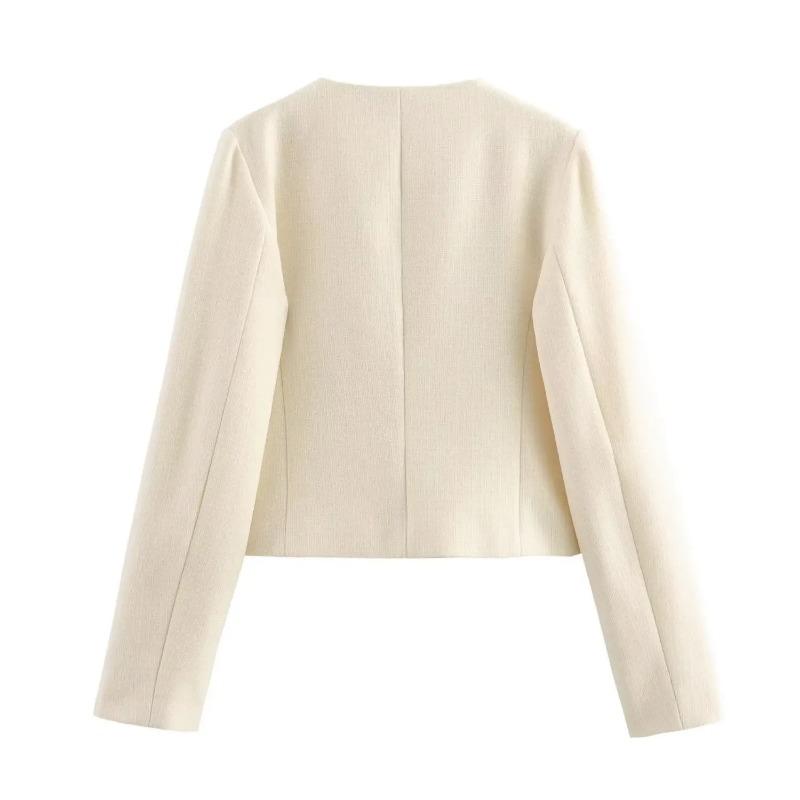 Women Fashion Autumn Winter Single-breasted Textured Round Neck Flip Pocket Short Jacket Coat Chic Ladies Tops Mujer