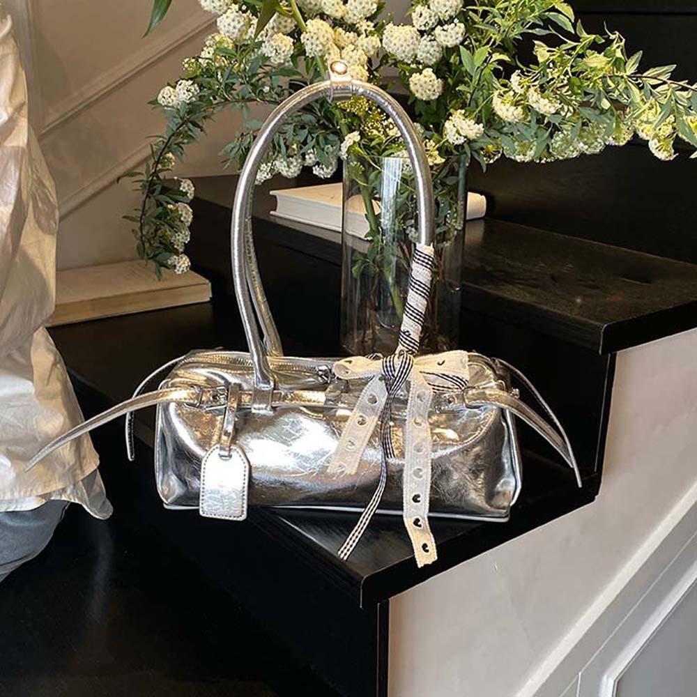 Bow Ribbon Silver PU Shoulder Bag High Quality Cylinder Underarm Bags French Stick Handbag School