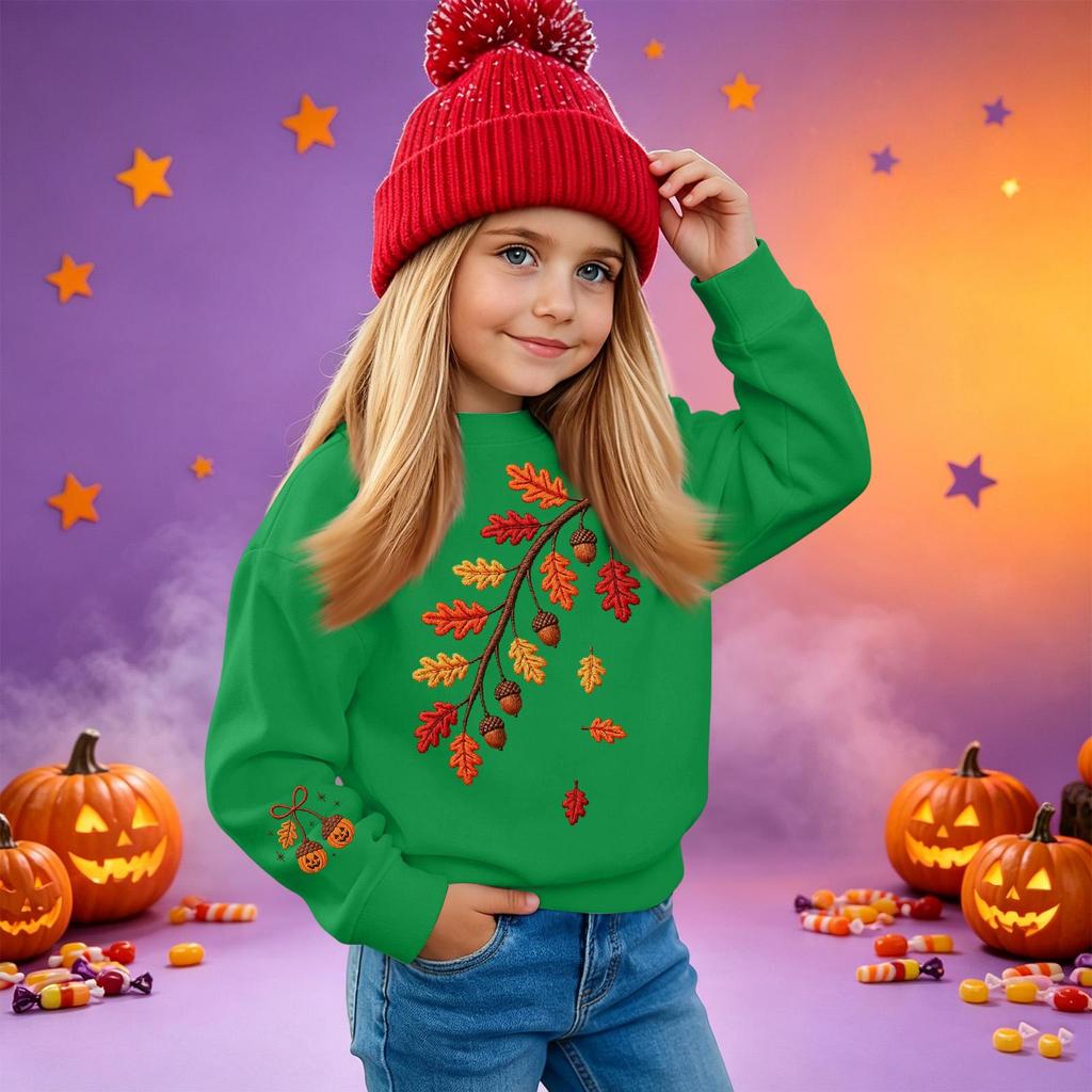 Kids' casual long-sleeved sweatshirt with Halloween print, suitable for holiday parties and everyday wear.
