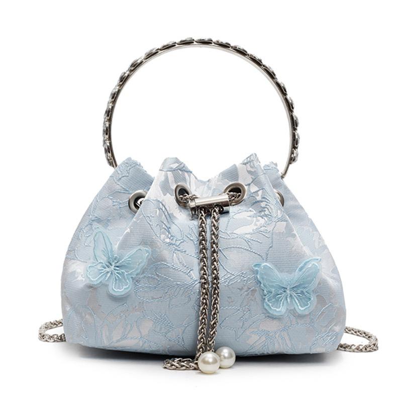 Spring and Summer New Personalized Embroidered Butterfly Pleated Bucket Bag Fashionable and Versatile Sweet Chain Crossbody Bag