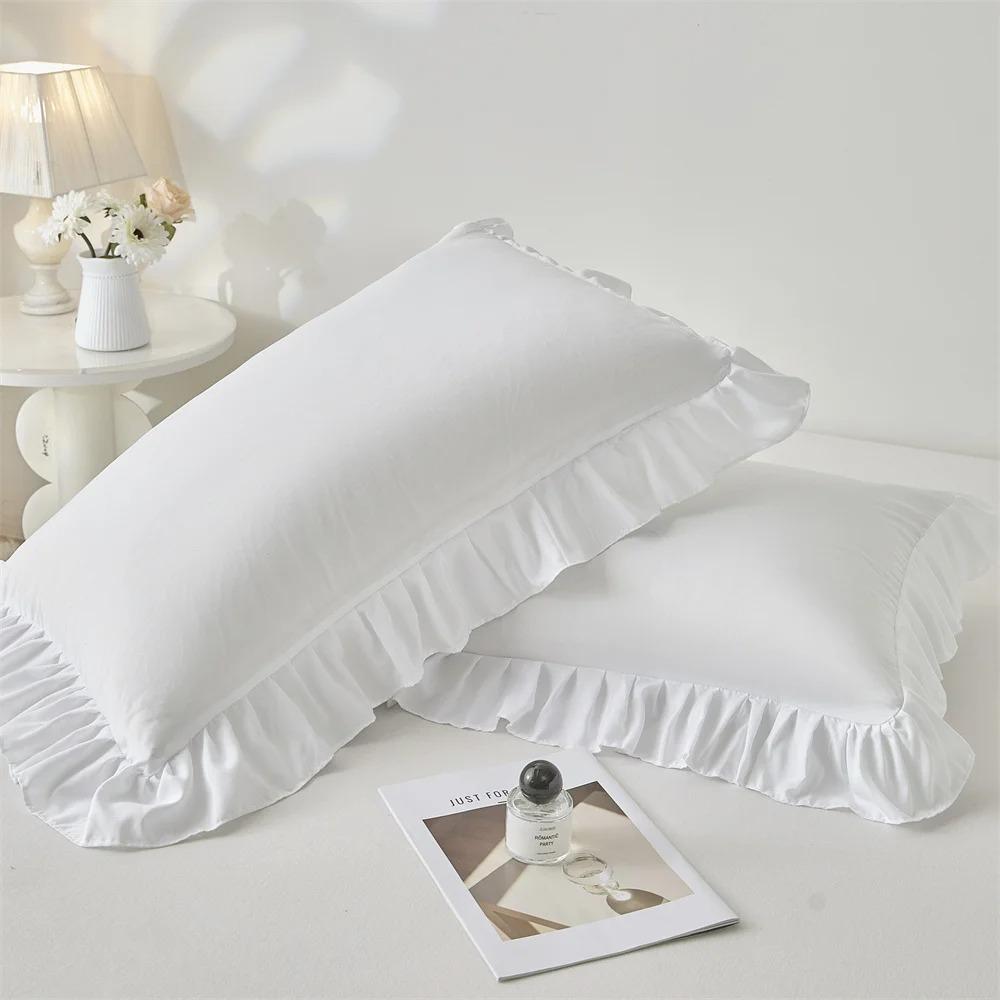 Korean-style Ruffled Edge Princess Pillowcases Stain-resistant Solid Color Sleep Pillow Cover Large Size Rectangular Pillowslip