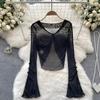 Sexy French sle Retro V-neck Knit cardigan Women Spring/Summer Thin Sunscreen Cover Up Short Long sleeve Bell Sleeve Top