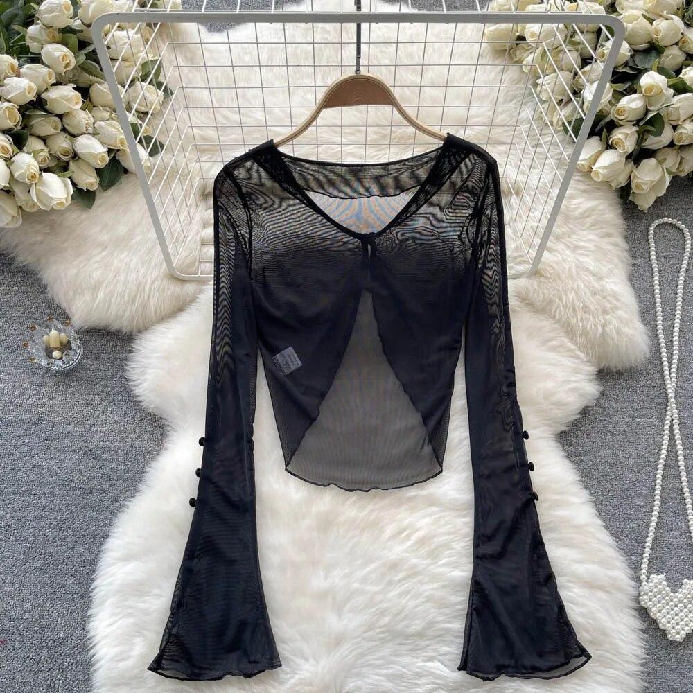 Sexy French sle Retro V-neck Knit cardigan Women Spring/Summer Thin Sunscreen Cover Up Short Long sleeve Bell Sleeve Top
