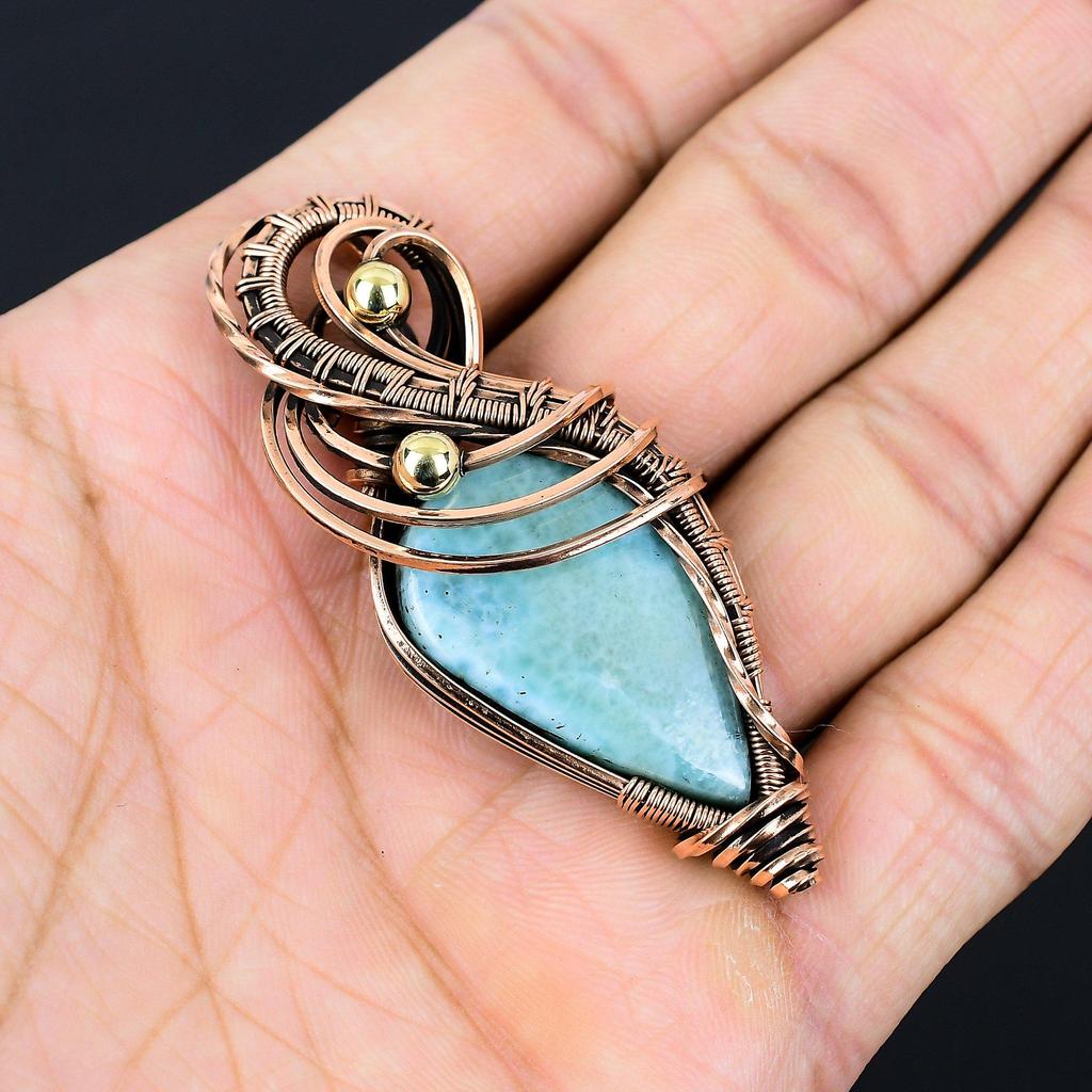 Beautiful Larimar Gemstone Handmade Pure Copper Wire Wrapped Pendant Jewelry