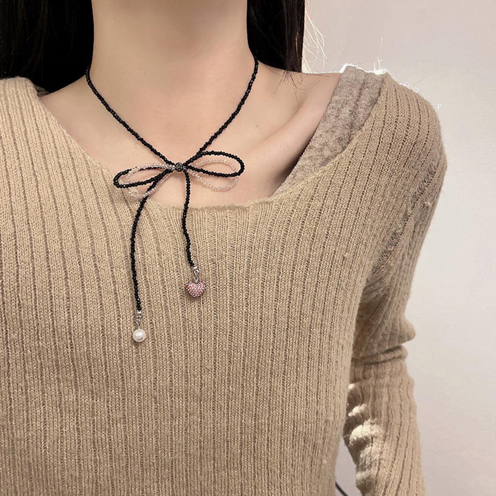 Perlenketten Schleifenförmige Schlüsselbeinkette Rosa Schwarz Kontrast Choker Herz Perle Anhänger Halskette Böhmischer Schmuck Frauen