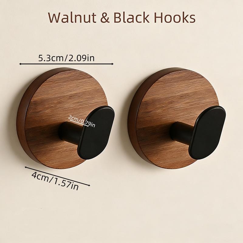 Round Walnut Wood Hooks, Walnut Wood No-Drill Hooks,Strong Adhesive Wall-Mounted Hooks,Door Back Kitchen Bathroom Storage Hooks