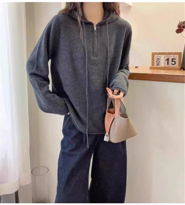 Women's Korean Style Half-Zip Hooded Wool Sweater - Slim Fit, Long Sleeve for Autumn & Winter