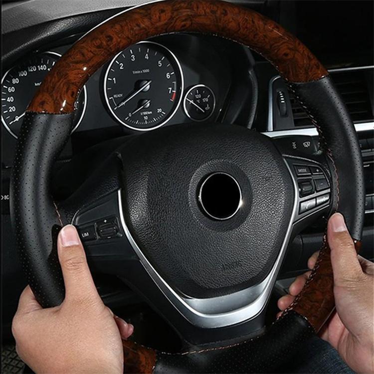 38cm Wooden Pattern Steering Wheel Cover Universal Braiding Leather Car Wheel Cover Sports Style Covers For Steering Wheel