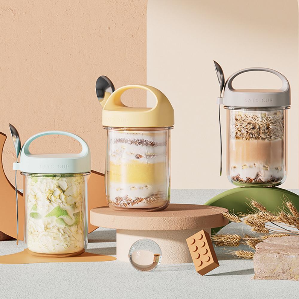 430ML New Breakfast Cups Oatmeal Cereal Nut Yogurt Salad Cup Leakproof Glass Oats Container With Lid Spoon Food Storage Box