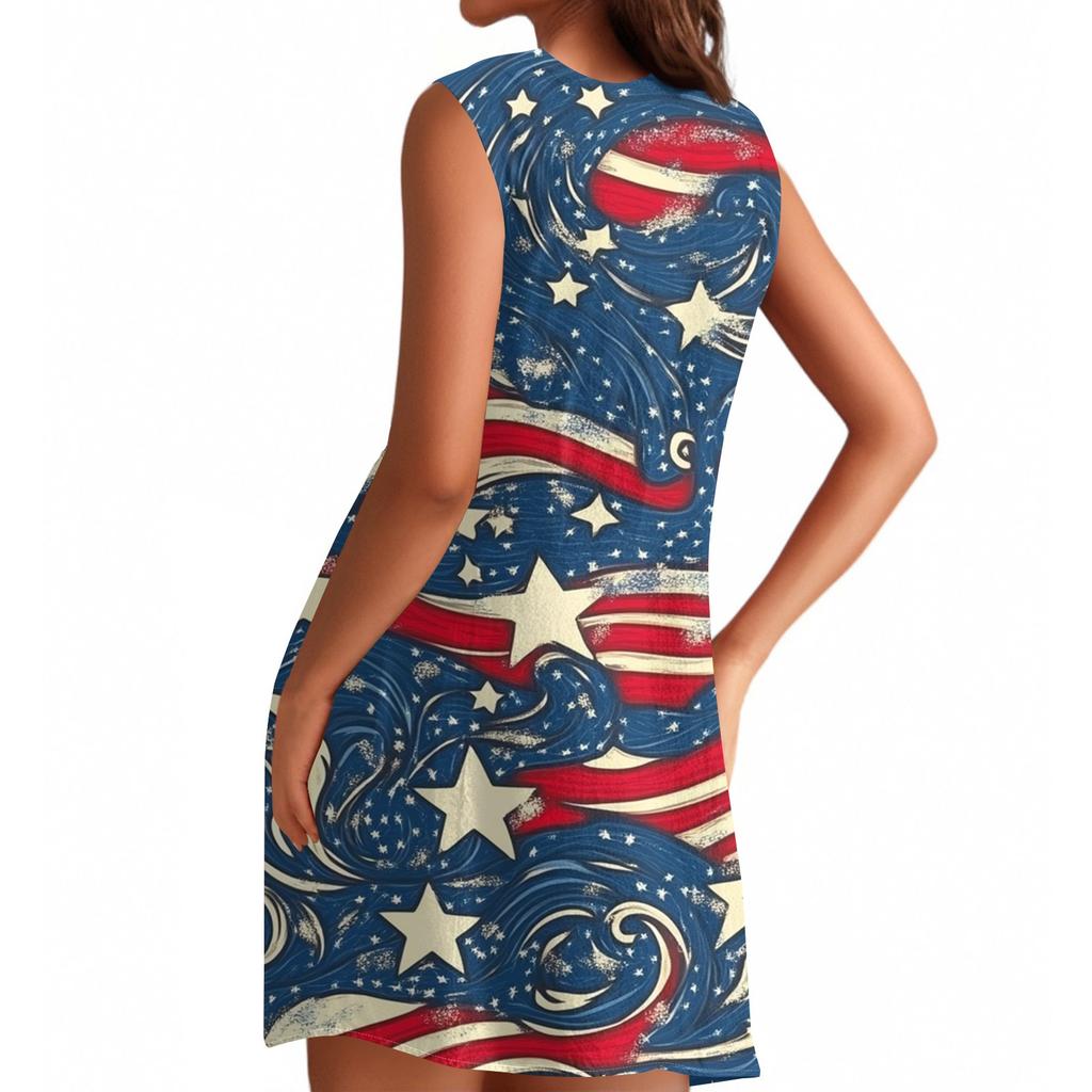 Women's Stylish Casual Independence Day Print Cuffless Pocket Dress