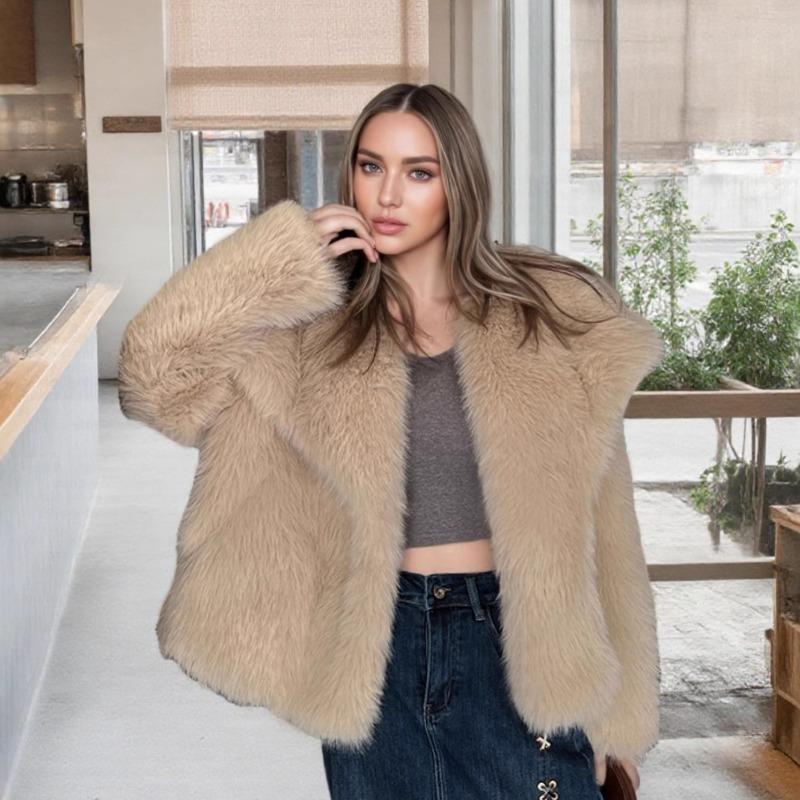 Stylish big lapel imitation fur jacket femininity elegant celebrity long-sleeved thermal coat fluffy top