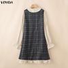 VONDA Women Lapel Neck Casual Long Sleeve Retro Plaid Patchwork Ruffled Shirts Dress