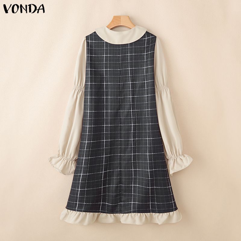 VONDA Women Lapel Neck Casual Long Sleeve Retro Plaid Patchwork Ruffled Shirts Dress